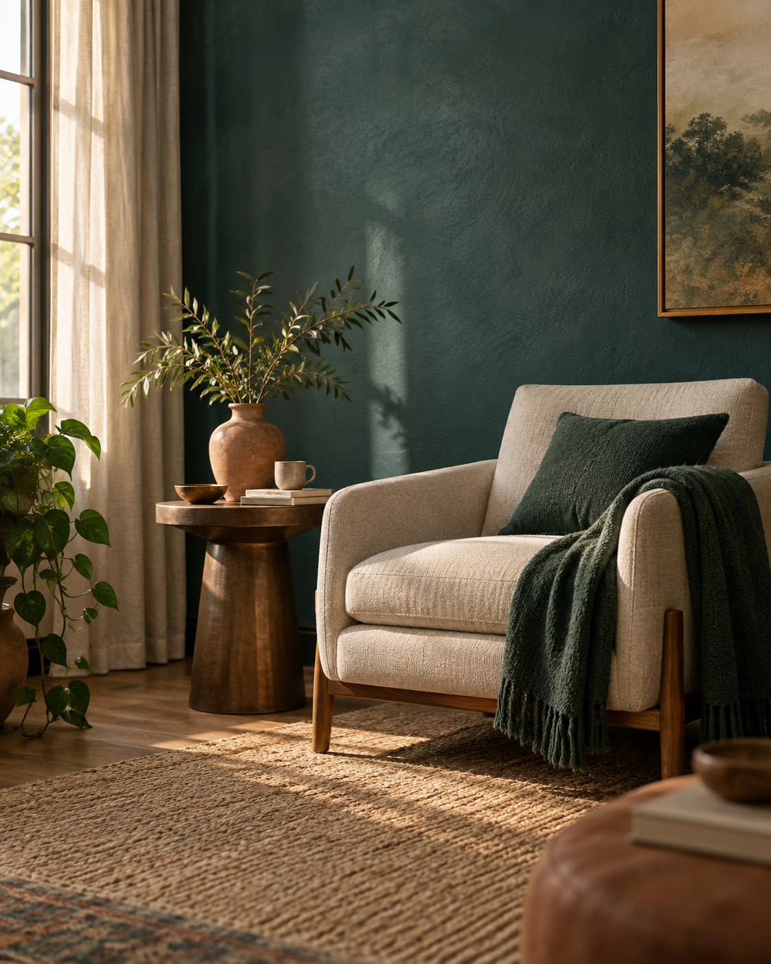 A quiet therapy room with a cream chair, plants, and a deep green wall